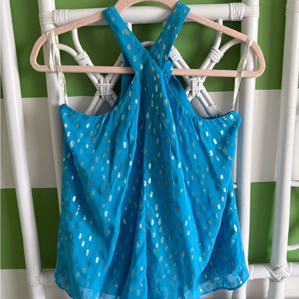 NWT-Lilly Pulitzer, Blue cross-neck Top with Silver Accents
